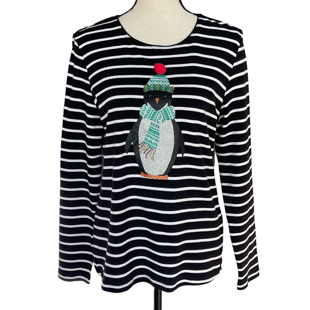 Karen Scott X-Small Top Holiday Christmas Penguin Striped Long Sleeve Glitter